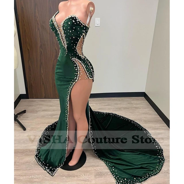 Sexy veludo longo sereia vestidos de baile 2023 para preto meninas cristais  sem alças alta dividir vestidos de festa formal feito sob encomenda -  AliExpress