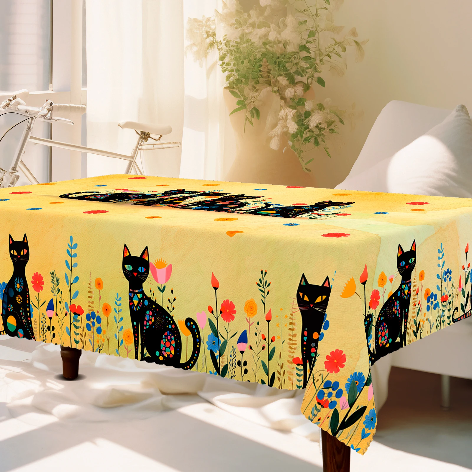 Bohemian Mandala Tablecloth, Vintage Floral and Cat Pattern Tablecloth, Round Colorful Tablecloth for Holiday Party Decoration