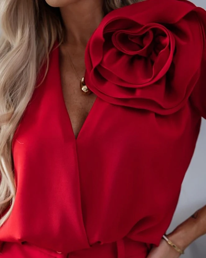 Office Lady Fashion Woman Blouse 2023 Winter New Temperament Commuting Solid V-Neck Rose Detail Long Sleeves Overlap Top