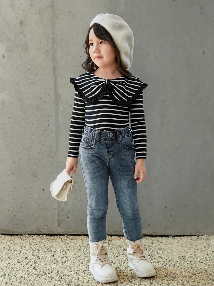 Girls' Striped Knitwear Turn-down Collar Long Sleeve Tops Bottoming Shirt For Spring And Fall, girls long sleeve shirts
