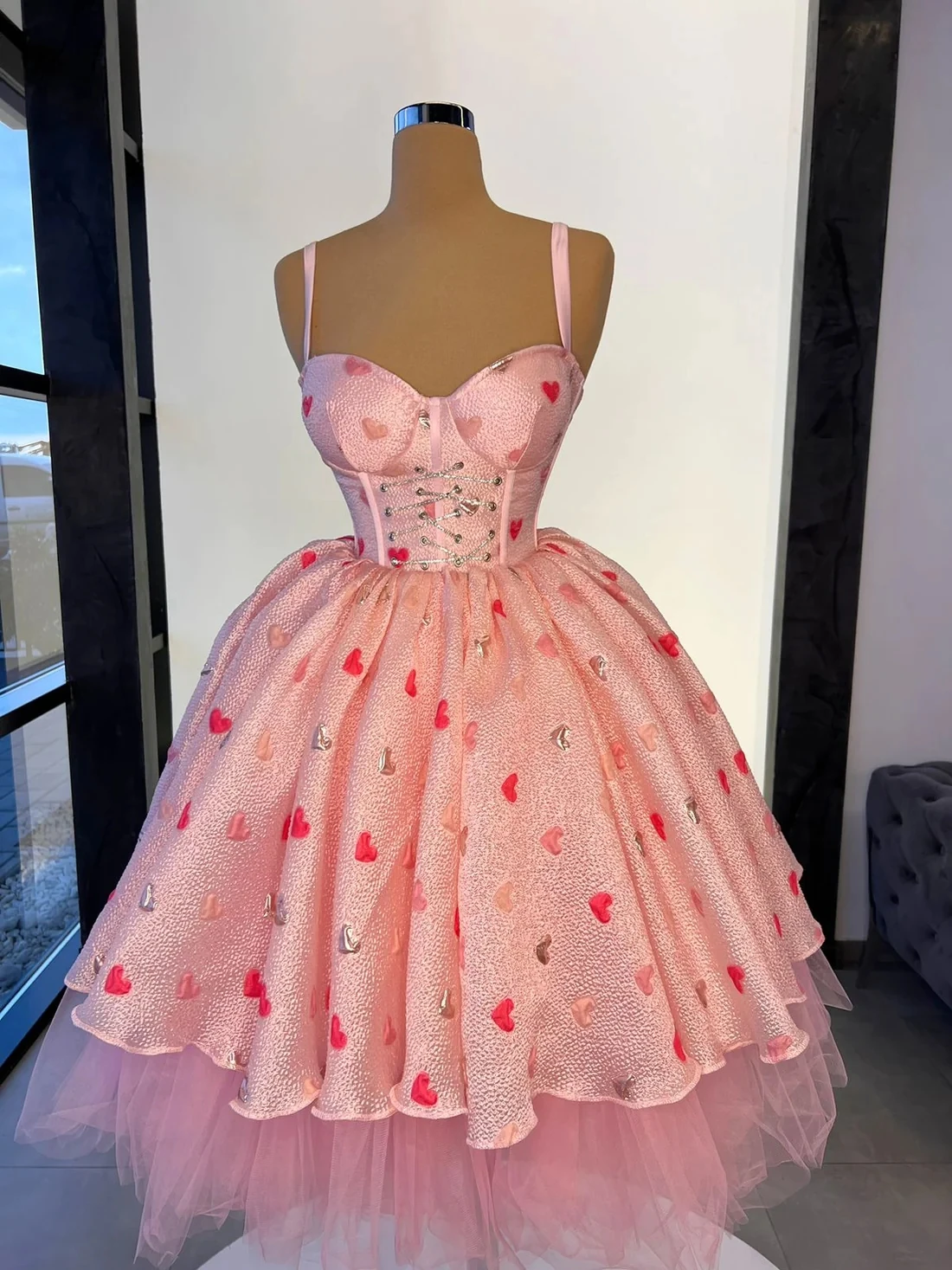 

Pink Haute Couture Prom Dresses A-line Spaghetti Straps Tea Length Tulle Saudi Arabia Dubai Robe De Soiree Evening Dress Gown