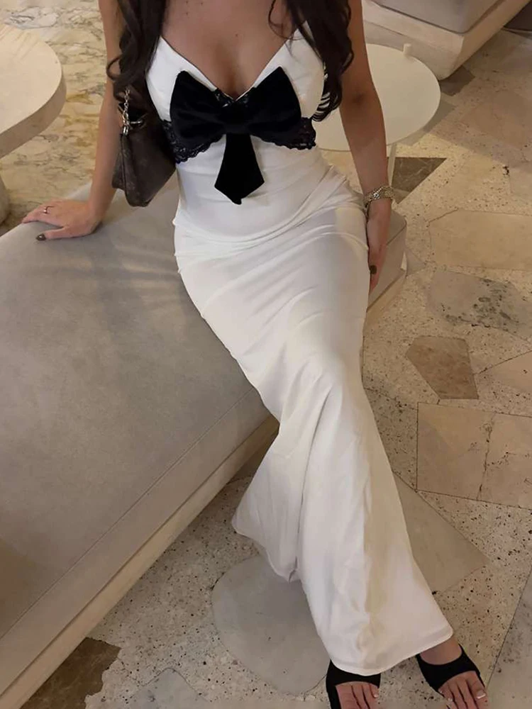 Nibber Hipster Chic Bow Jacquard Dress Women Simple Sleeveless V-Neck Midnight Banquet Party Vacation Stretch Elegant Vestidos