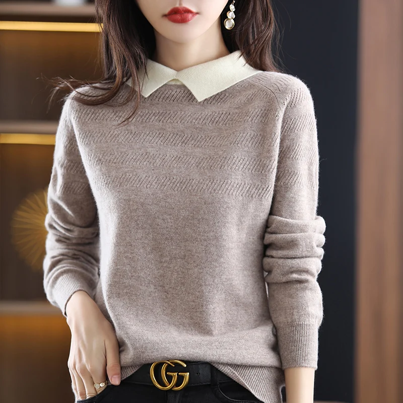 

100% Pure Wool Cashmere Sweater Woman Doll Collar Pullover Casual Knitted Top Autumn And Winter Plus Size Female Jacket Warm