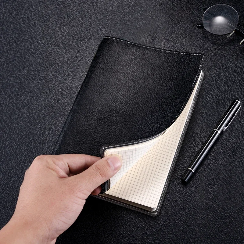 

Notebook Dot Black PU Softcover Leather Loop Planner Classic Custom Journal Blank Undated Minimalist With Grid Pen