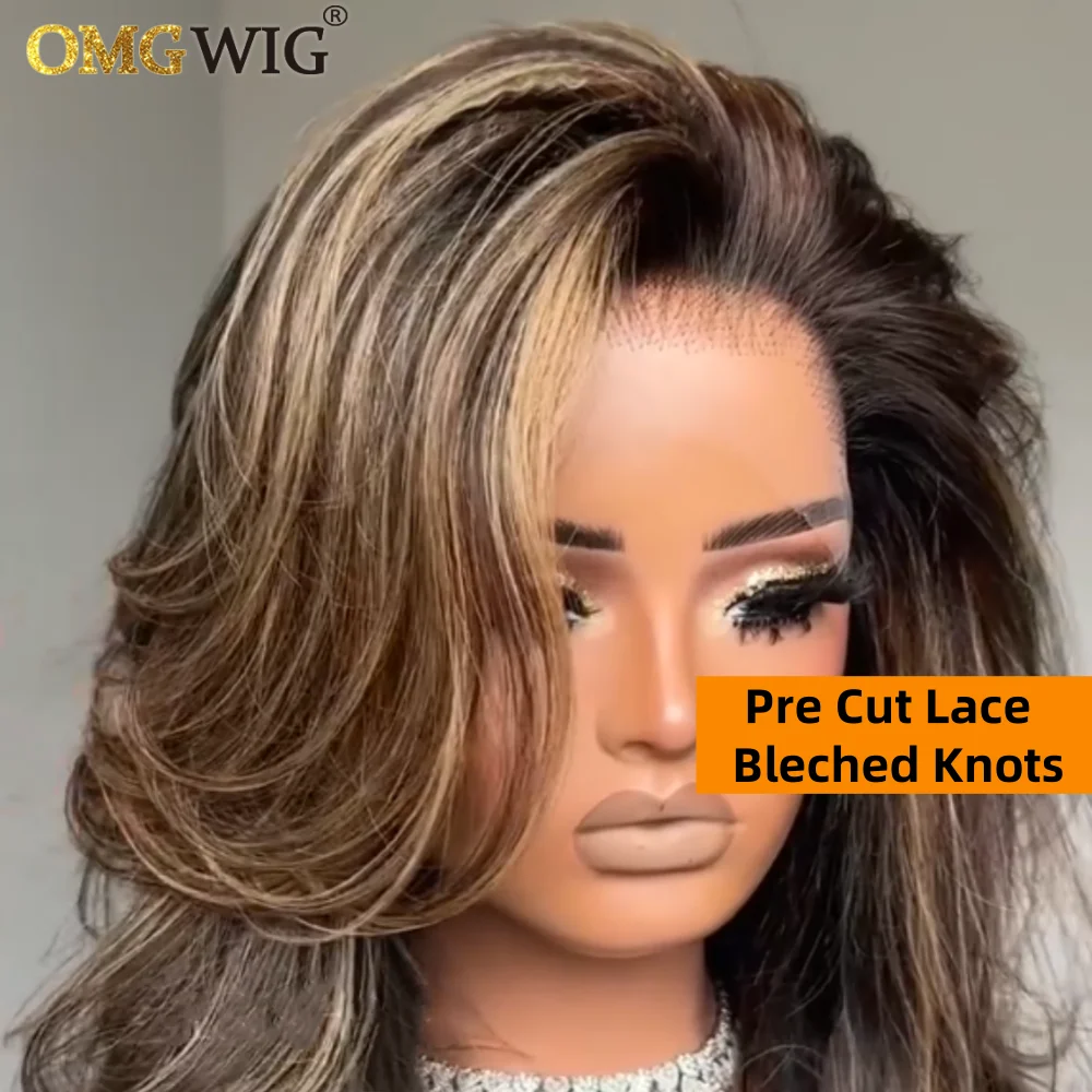 Glueless Blonde Highlight With Dark Brown Layered Wavy Human Hair Wig 360 Pre-Cut Lace Body Wave Wig For Black Women Brazilian