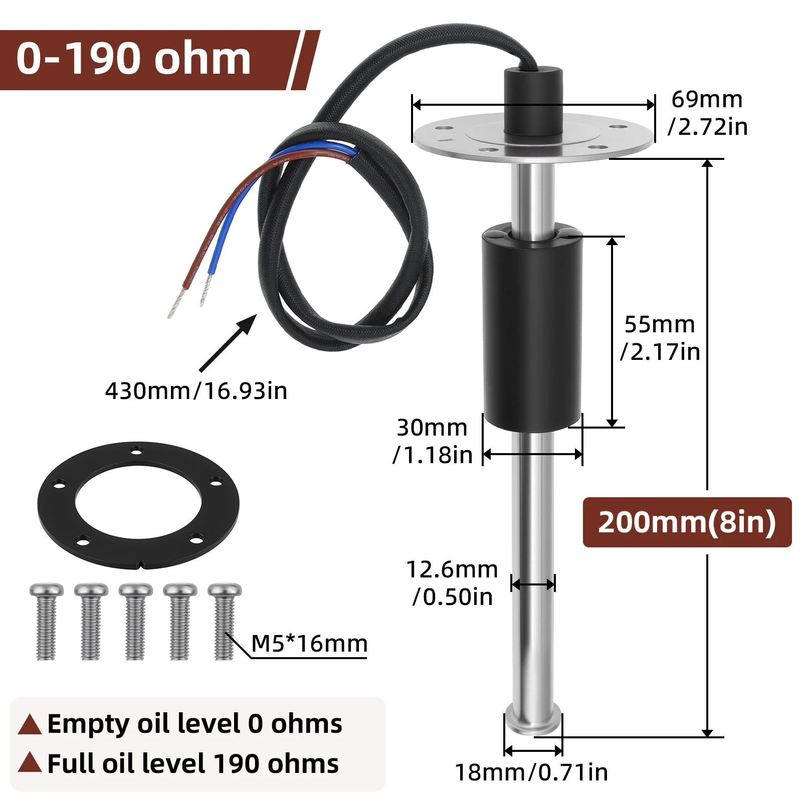 52MM 연료 레벨 미터 + 200mm 연료 레벨 센서 0-190ohm 오일 레벨 게이지 7가지 색상 오토바이 자동차 보트 선박 트럭 12V용