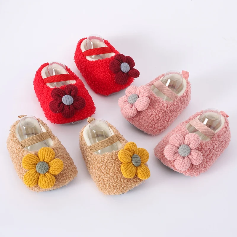 Winter Baby Girls Cotton Shoes Warm Plush Flower Toddlers Prewalkers Infant Soft Bottom First Walkers With Hairband