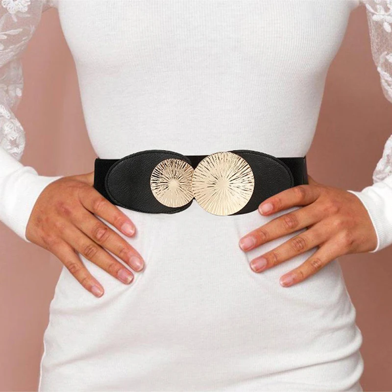 Wide Elastic Waist Belt Ladies Retro Fashion Stretchy Stylish PU Leather Waistband forClothing Accessories Decoration