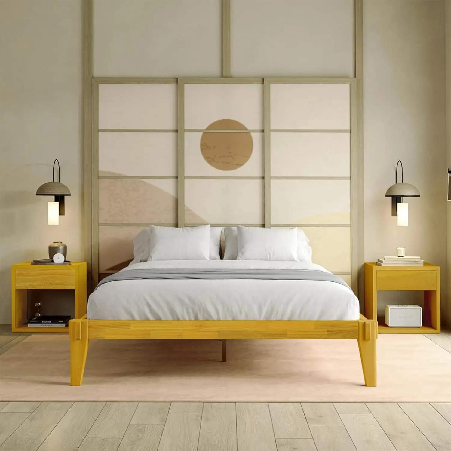 14” Solid Wood Bed Frames  Wood Platform Bed Frame Japanese Joinery Frame Wood Slat Support Without Box Spring
