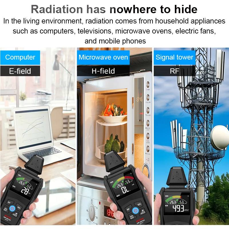 MESTEK 고주파 RF EMF 측정기 ? 온도계, 습도계 및 데이터 홀드 기능이 있는 전자기 방사선 감지기