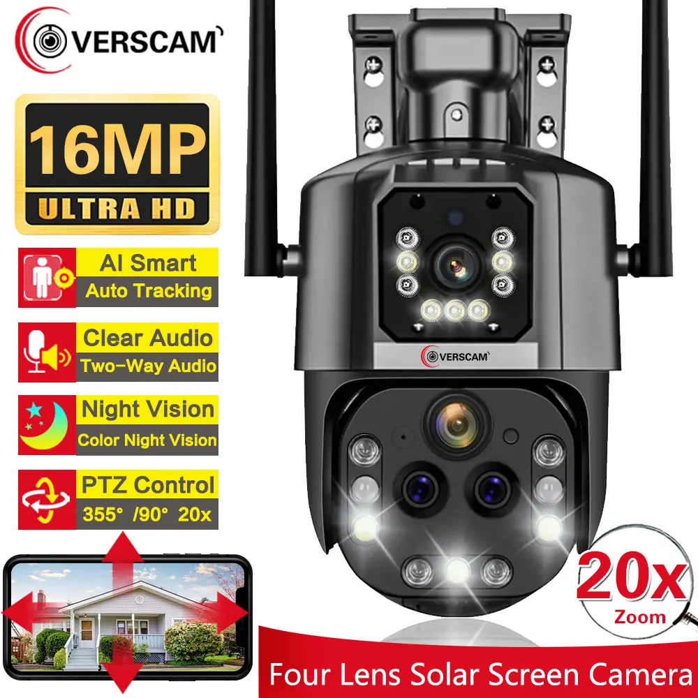 16MP 8K PTZ Wifi Camera Four Lens with Dual Screen 20X Zoom Ai Auto Tracking Wireless Outdoor Surveillance 4K 8MP WiFi Camera