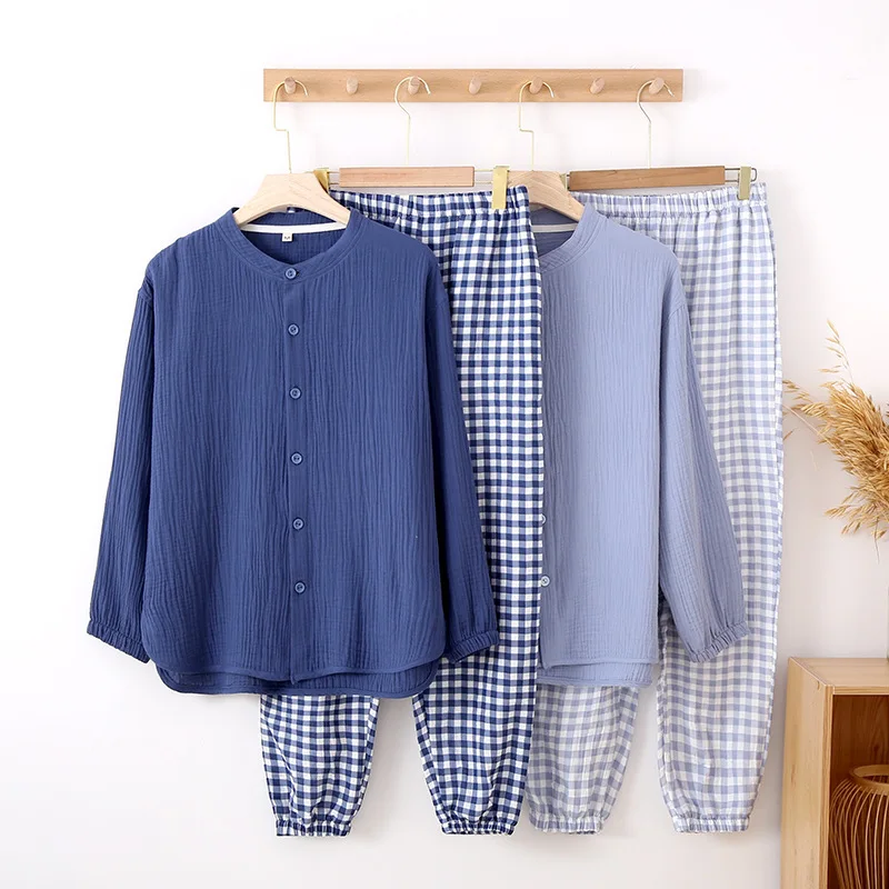 

Contrasting Color Japanese Plaid Men's Homewear Set Cotton Crepe Long-Sleeved Double-Layer Gauze Spring Summer Thin Pajamas