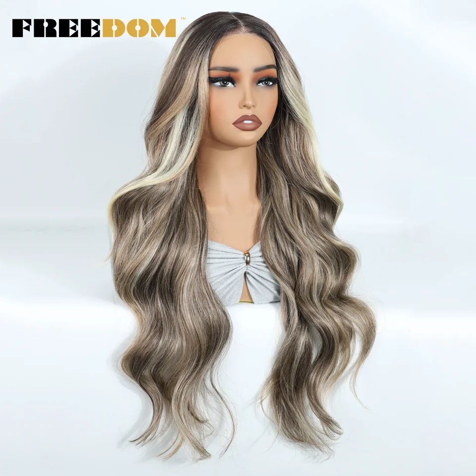 FREEDOM Synthetic Lace Front Wigs For Woman Long Body Wave 6x4 Lace Wig Ombre Brown Pre Plucked Pre Cut Wear and Go Glueless Wig 4