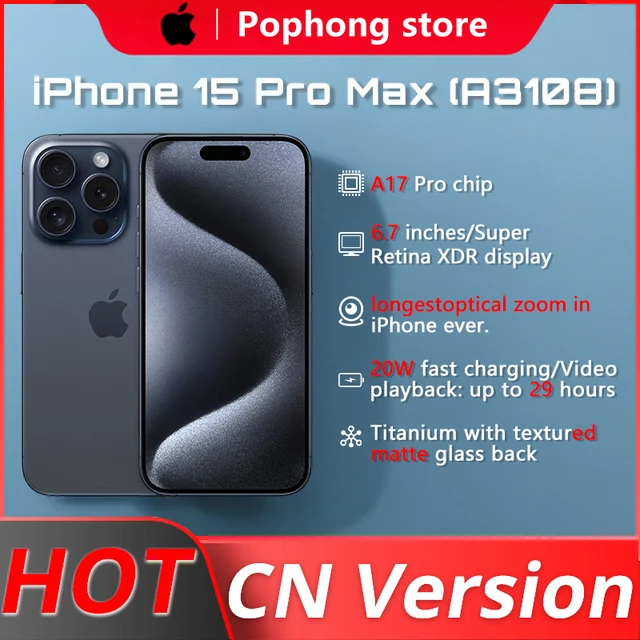 Apple-iPhone 15 Pro Max, Chip Bionic, Dual Sim, NFC, Super Retina, Ecrã XDR, A17, A3108, 6,7 ", 120Hz