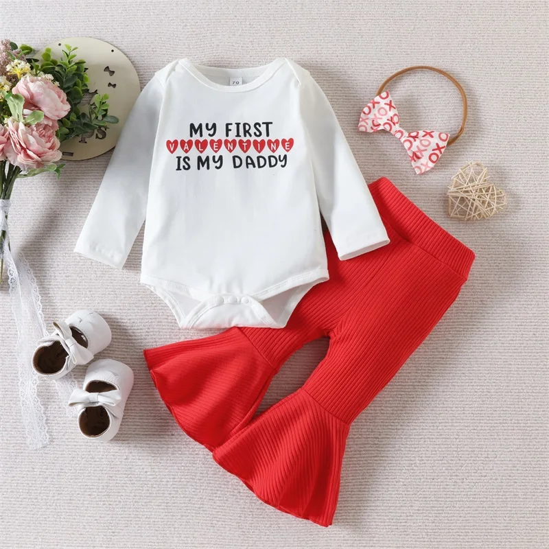 

Infant Baby Girls Valentine's Day Clothes, Letter Print Long Sleeve Romper + Solid Color Flare Pants + Bow Headband 0-24Months