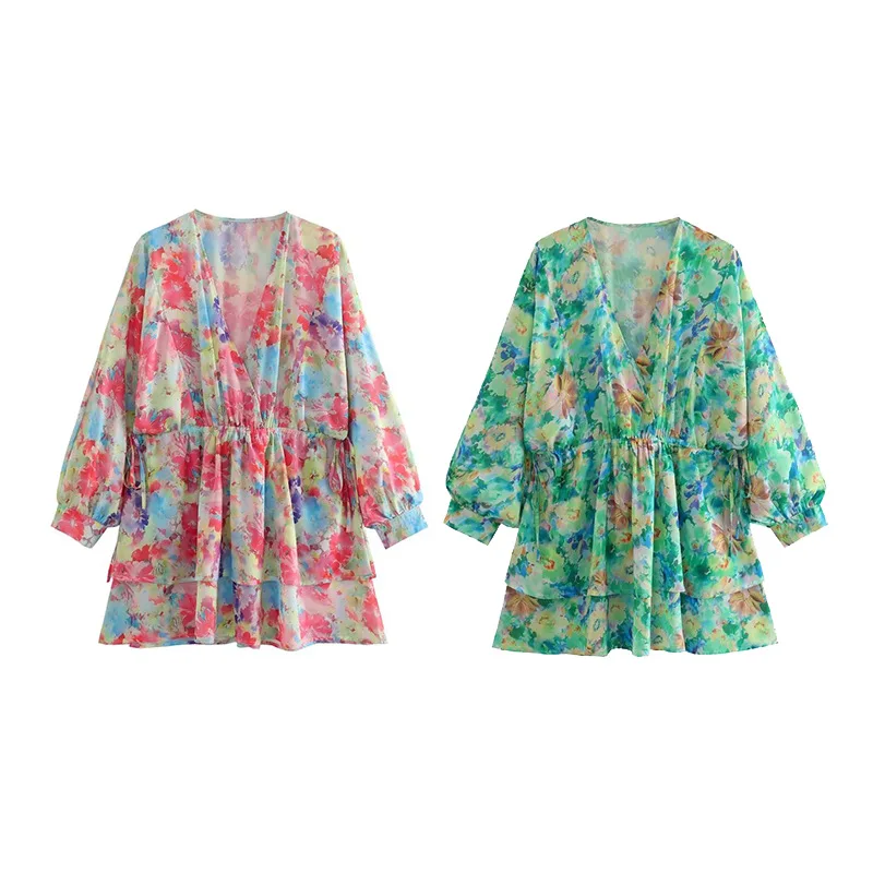 

TRAF Women Summer Fashion Cross V Neck Floral Print Double Layer Ruffles Mini Shirt Dress Female Chic Elastic Waist Vestidos