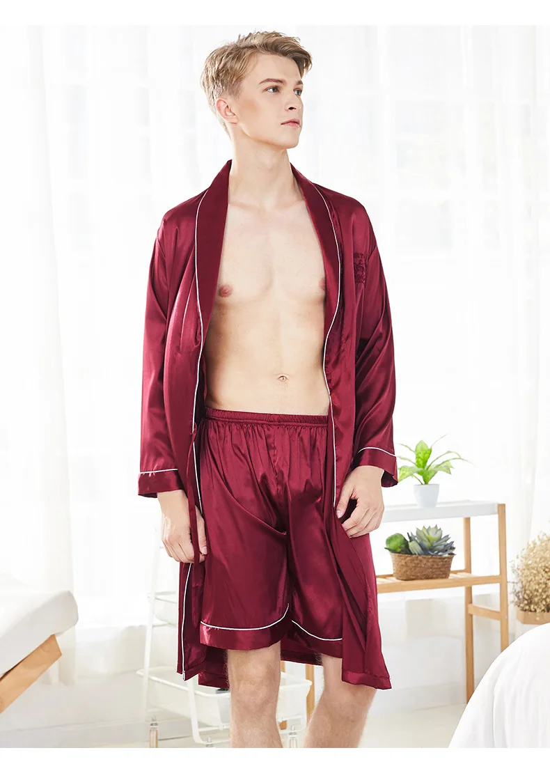 Plus Size Stain Men Pajamas Glossy Silk-like Bathrobe with Shorts Or Pants Sleepwear Nightwear Male Homewear Loungewear plaid pajama pants