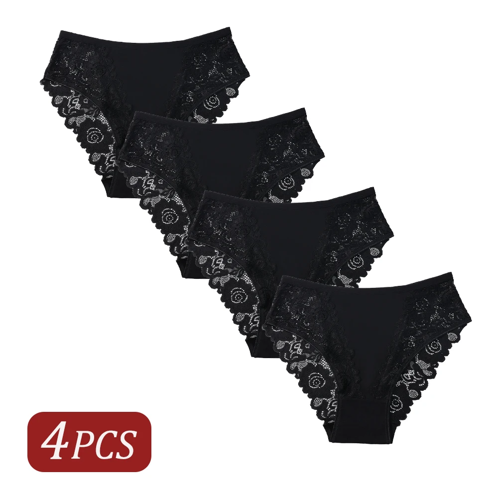4PCS Black Lace Sexy Women's Underwear Elegant Lace Floral Cotton Splicing Panties Comfort Breathable Briefs Lingerie Everyday