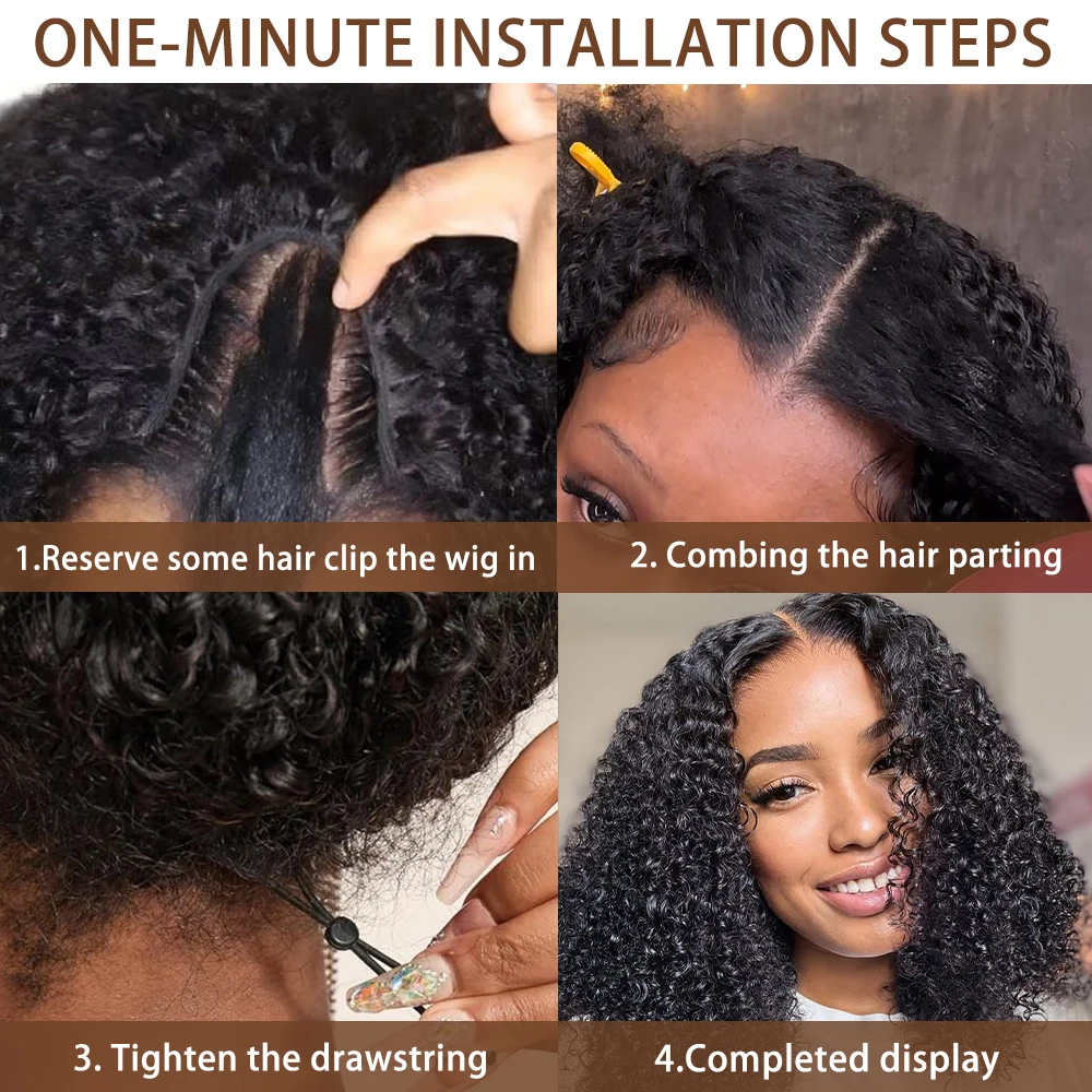 Indian Deep Wave Curly 220% V Part Wig Human Hair 100% Upgrade U Part Human Hair Wigs For Women High Density Machine Made Wig