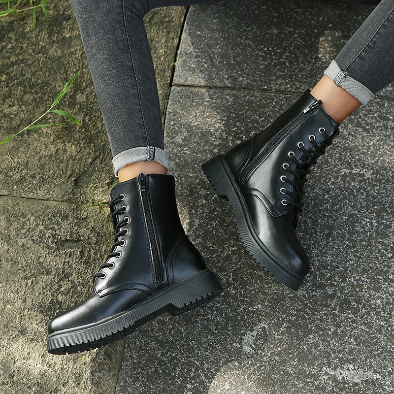 2024 Spring Women's Martin Boots Leather White Ankle Boots Fall Winter Biker Boots Fashion Women's Short Heel Platform Boots