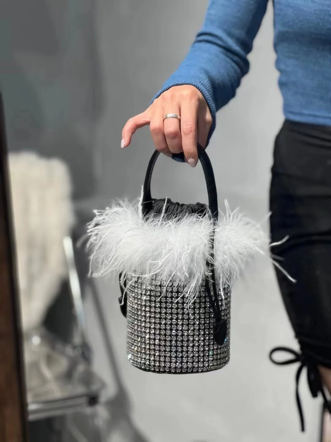 Borsa a secchiello per capelli di struzzo alla moda Borsa da donna