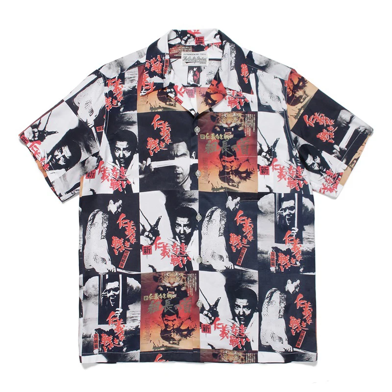 

2023 Apricot WACKO MARIA Hawaiian Short Sleeve Movie Print Pattern Men Women 1:1 Tee Streetwear Shirts Casual Buttons Tops
