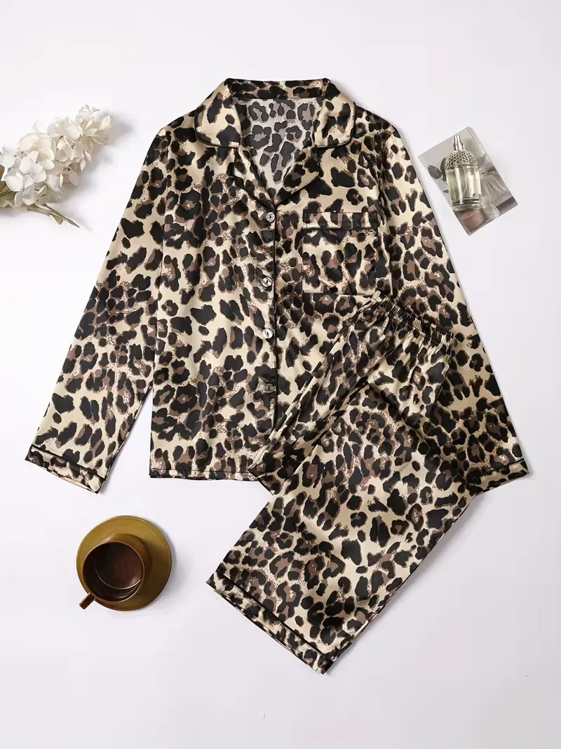 Leopard Print Pajamas Set for Women Autumn Winter Silk Satin Sleepwear Loose Casual 6