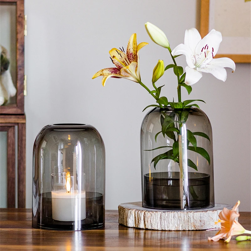 

Glass Vase Transparent Straight Candle Cover Display Ornaments Desktop Simple Dust-proof Flower Arranging Vase Home Decoration