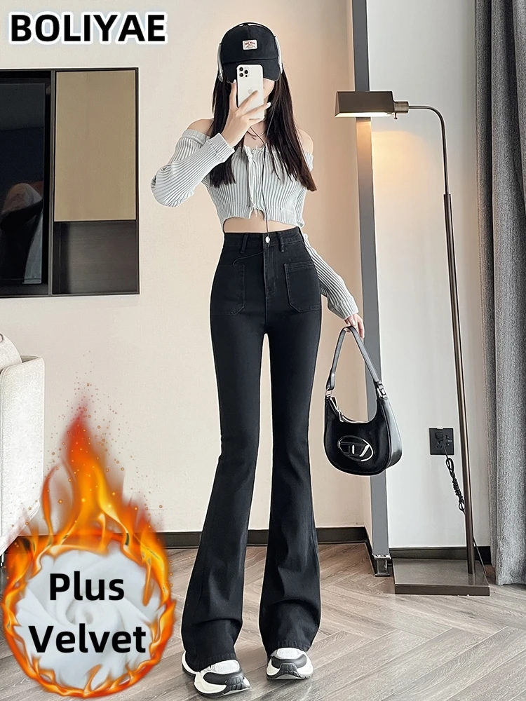 

Boliyae Black Flare Jeans Low Waist Slim Comfortable Jeans for Women Pants 2024 Elastic Y2K Fashion Denim Trousers Autumn Winter