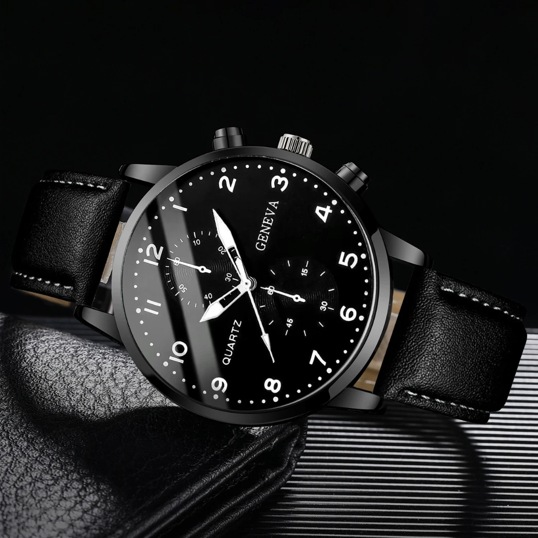 2pcs/set Fashion Men's Leather Strap Quartz Watch&Simple Beaded Bracelet