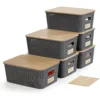 Small Plastic Storage Bins w/ Bamboo Lids 5.2qt Stackable Box Basket Decorative for Organizing Desktop Closet Office of 6 packs 1