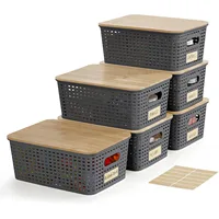 Small Plastic Storage Bins w/ Bamboo Lids 5.2qt Stackable Box Basket Decorative for Organizing Desktop Closet Office of 6 packs 1