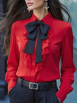 Women's Formal Shirt Collar Bow Tie Ruffles Long Sleeve Blouse 1