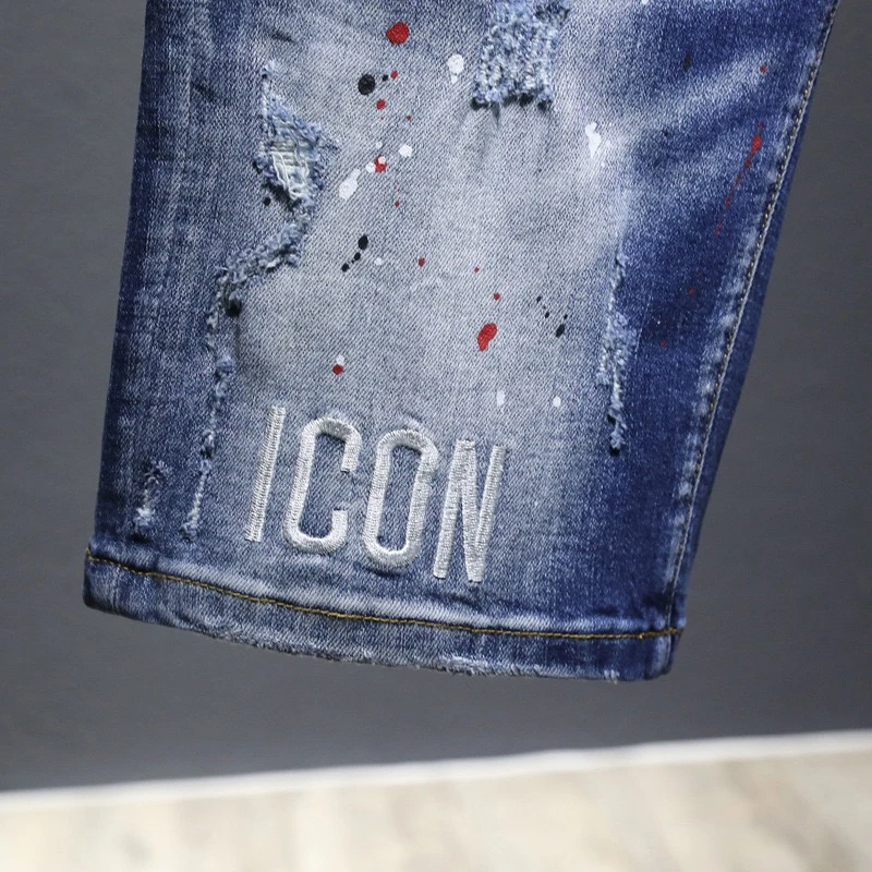 EH·MD® Three Dog Embroidered Jean Shorts Men's Hole Splash Blue Medium Pants Scraped Thin Breathable Soft Elastic 2022 Summer
