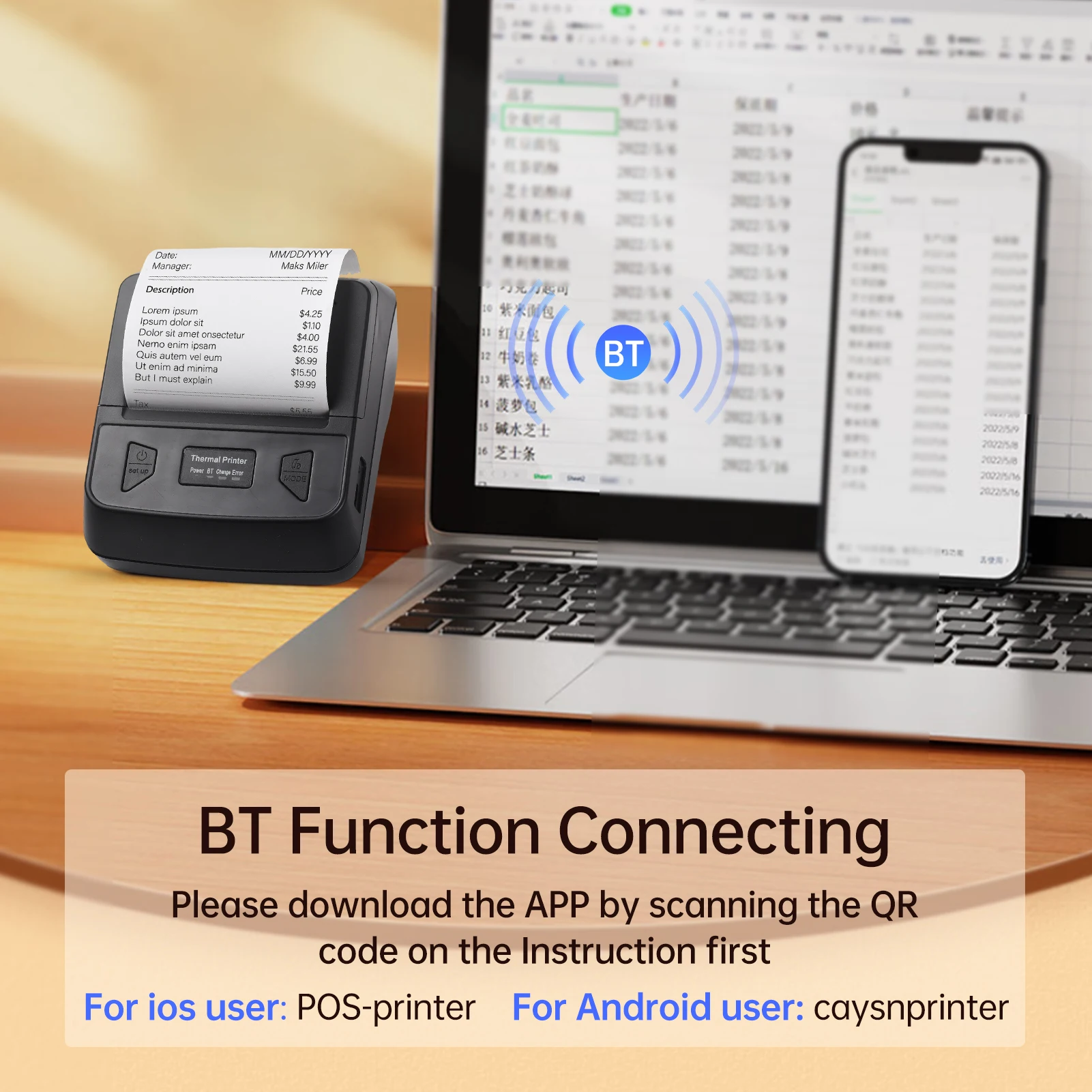 T380TS 80mm Receipt Label Printer Wireless BT Thermal Receipt Printer Mobile Bill Printer Compatible with Android/iOS/Win System