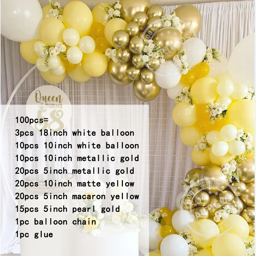 

100Pcs Yellow Balloon Garland Kit White Metal Gold Latex Globos For Wedding Summer Party Kids Birthday Decorations Baby Shower
