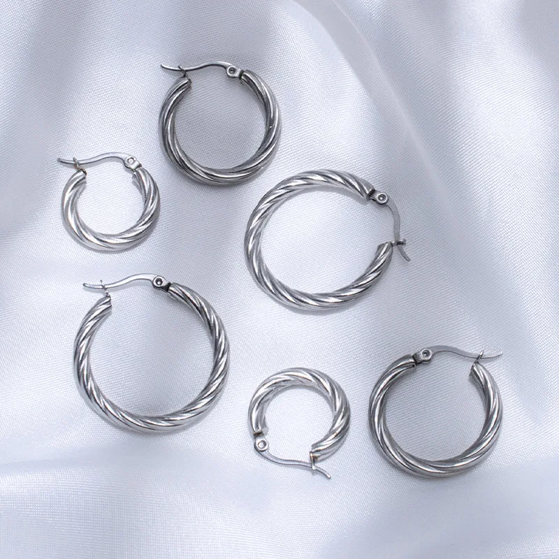 3pair/set Vintage Stainless Steel Circle Round Gold Plated Hoop Earrings for Women Twist Thick Huggie Ear Hoops Wed Jewelry Gift