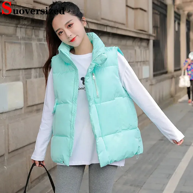 

Winter Short Cotton Vests Oversized 80kg Women Warm Waistcoat Casual Korean Stand Collar Slim Windbreak Elegant Sleeveless Parka