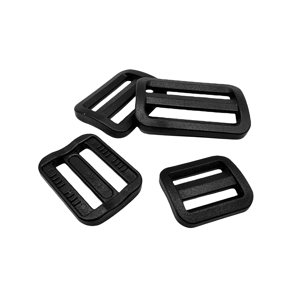 5 Stück/Packung, schwarze Leiter-Schloss/Tri-Glide-Schieber, Kunststoffschnallen für Rucksackgurte, Gurtband, 20–38 mm – Detail 7