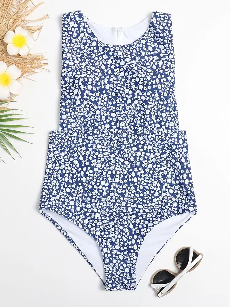 Vintage Retro One Piece Swimsuit Female Print Swimwear Women Zipper Bathing Suits Summer Beach Wear Bather Monokini Swim