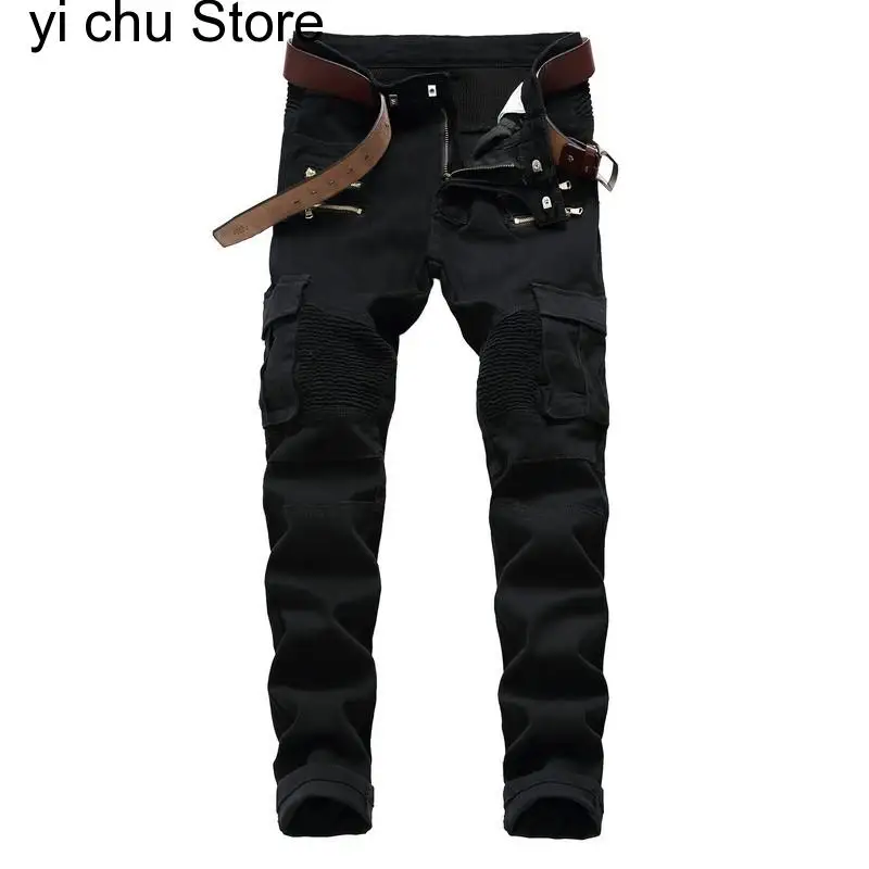 New Retro Jeans Men Straight Slim Zipper Decoration Light Fold Skinny Denim Pants Fashion Stretch Hip Hop Jogger Jeans