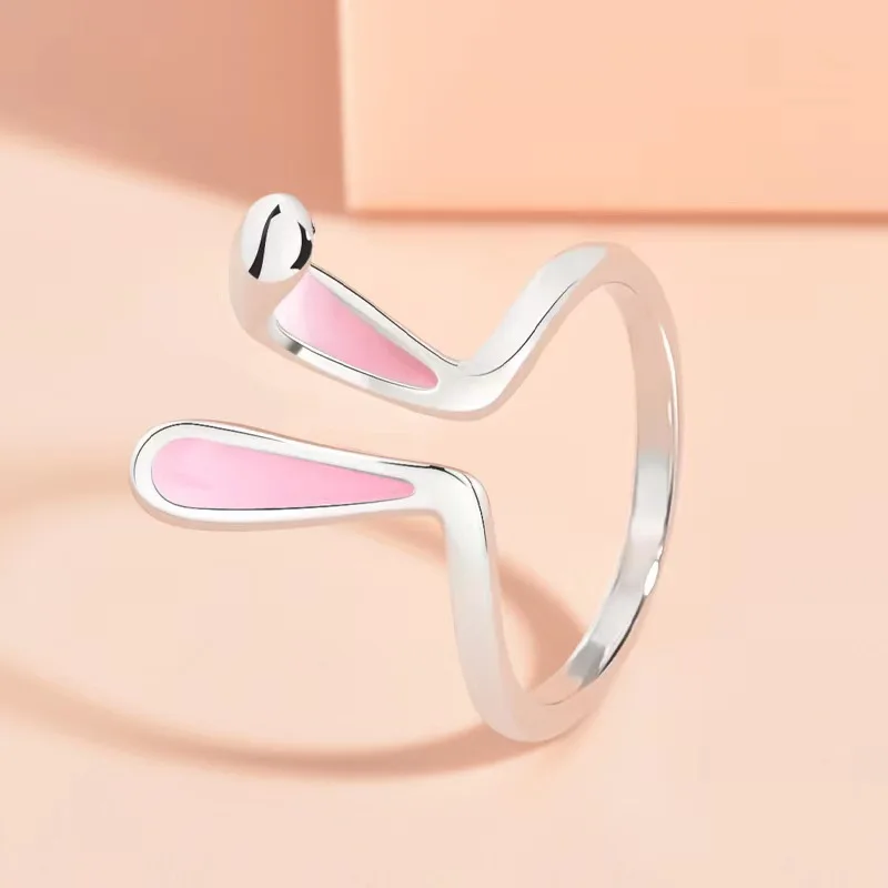 Lovely Pink Rabbit Ear Animal Anelli Regolabili Bunny Jewelry Anelli Di Apertura Per Girl Lover Coppia Donna Lady Regalo Di San Valentino
