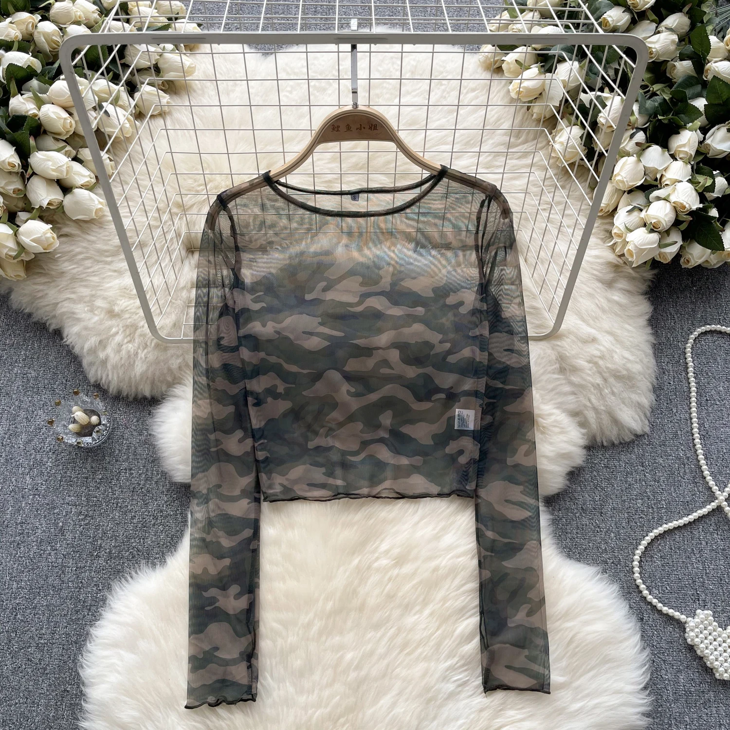 

Fashion sexy translucent long sleeve T-shirt women's tulle top