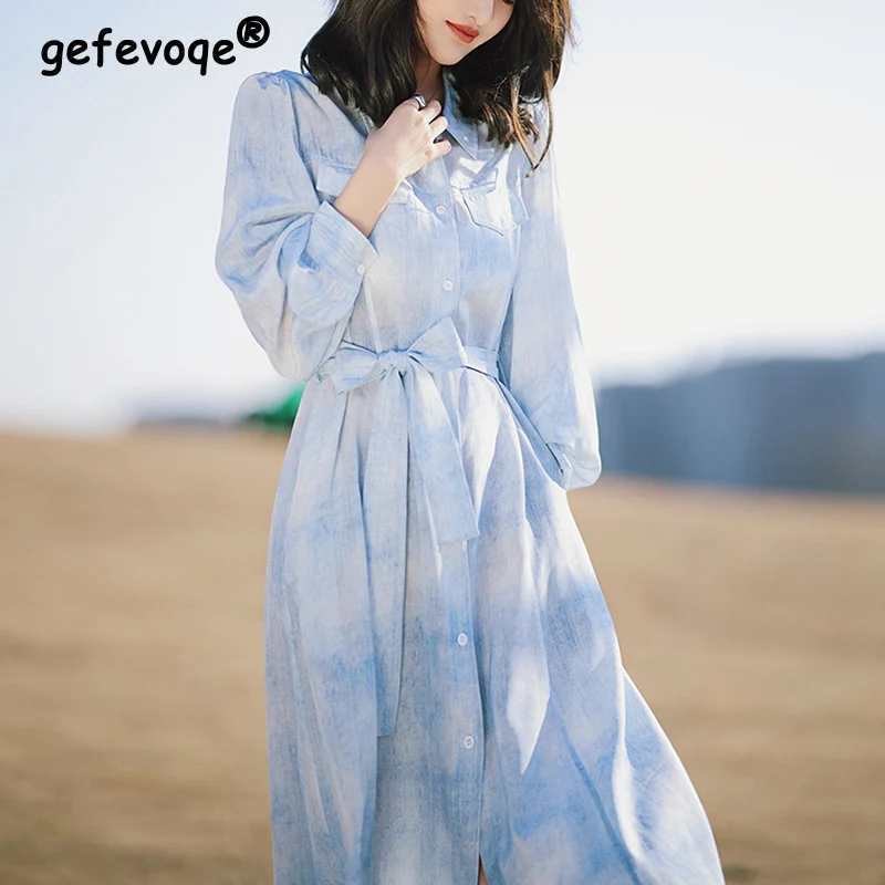 

Spring Autumn Polo-neck Elegant Fashion Printing Midi Dress Ladies Long Sleeve Temperament Lace Up Robe Femme Casual Vestidos