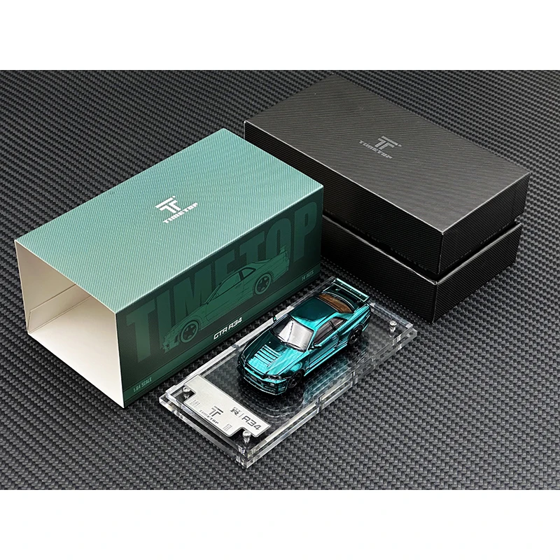 TM In Stock 1:64 Skyline GTR R34 Z TUNE Chrome Green Carbon Hood Diecast Diorama Car Model Time TOP Micro 2