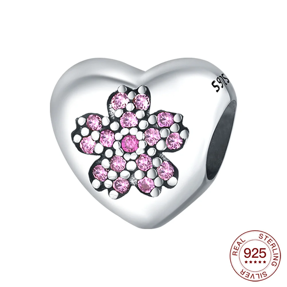 

925 Sterling Silver Sparkling Pink Cherry Sakura Heart Bead Charm For Moment Bracelet Friends Valentine Women Gift Jewelry