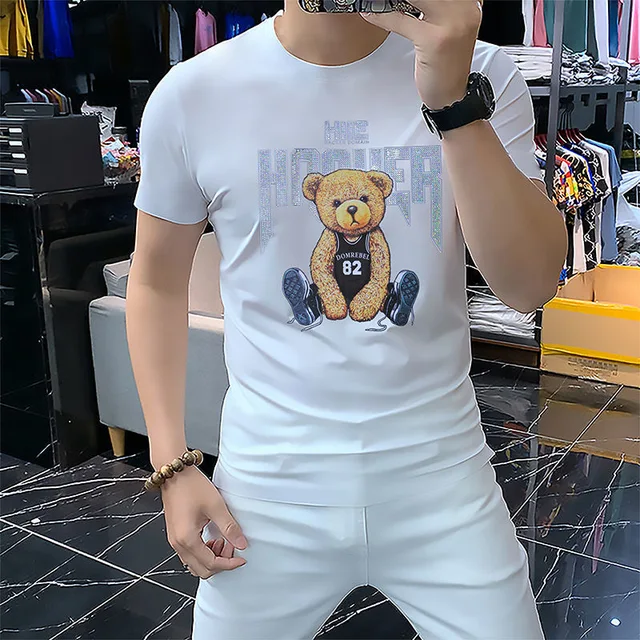 Spring New Men's T-shirt High Quality Bear Rhinestone Sports Trend