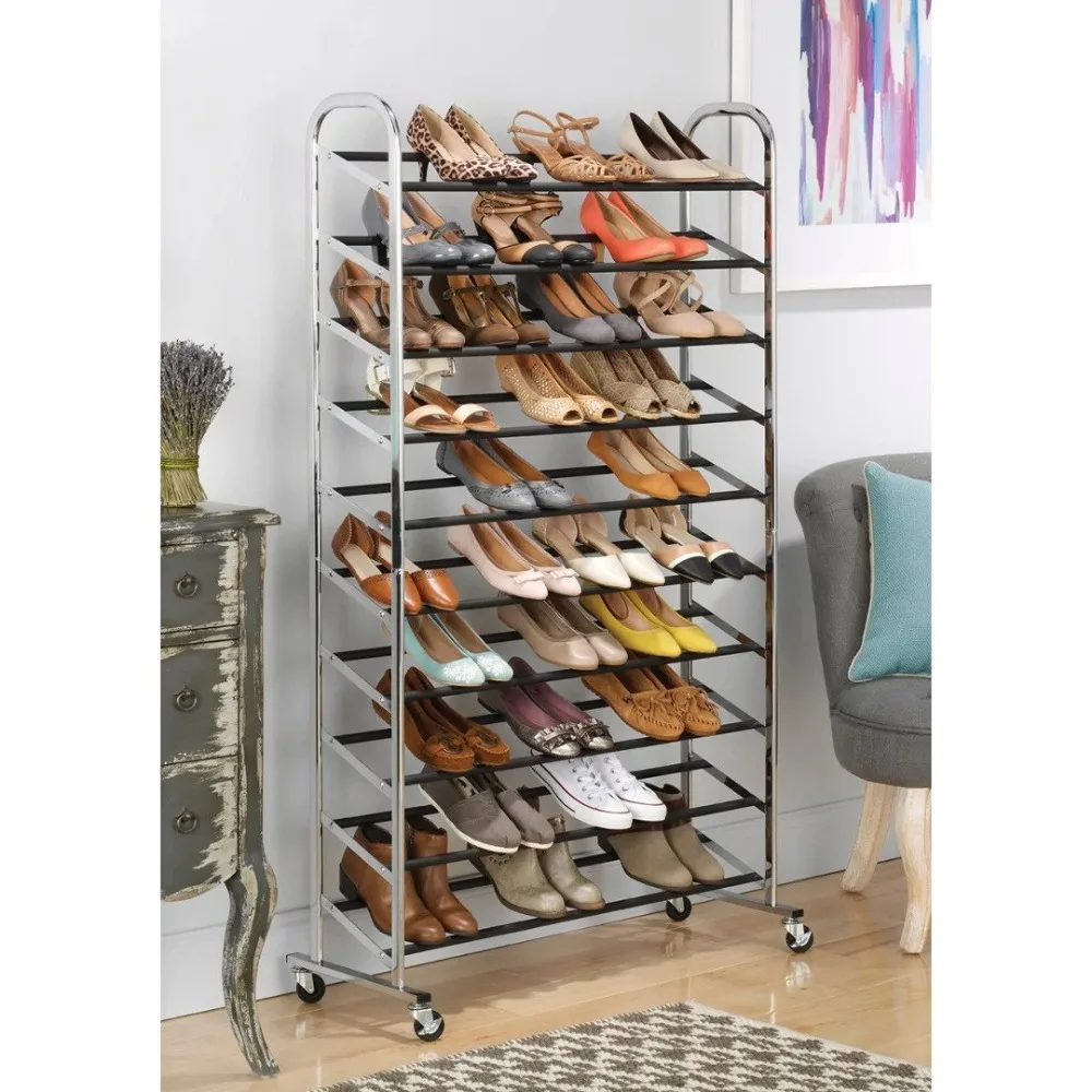 

50-Pair 10-Tier Metal Shoe Tower With Wheels Chrome Freight Free Shoe-shelf Shoes Storage Clothing Wardrobe Home Organization