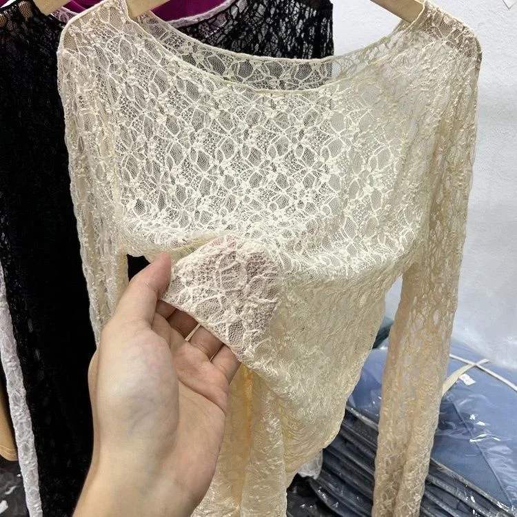 Women Lace Mesh High Collar Bottom T-shirts Female Long Sleeve Autumn Casual Style Tight Thin Tops T-shirts Women Clothes