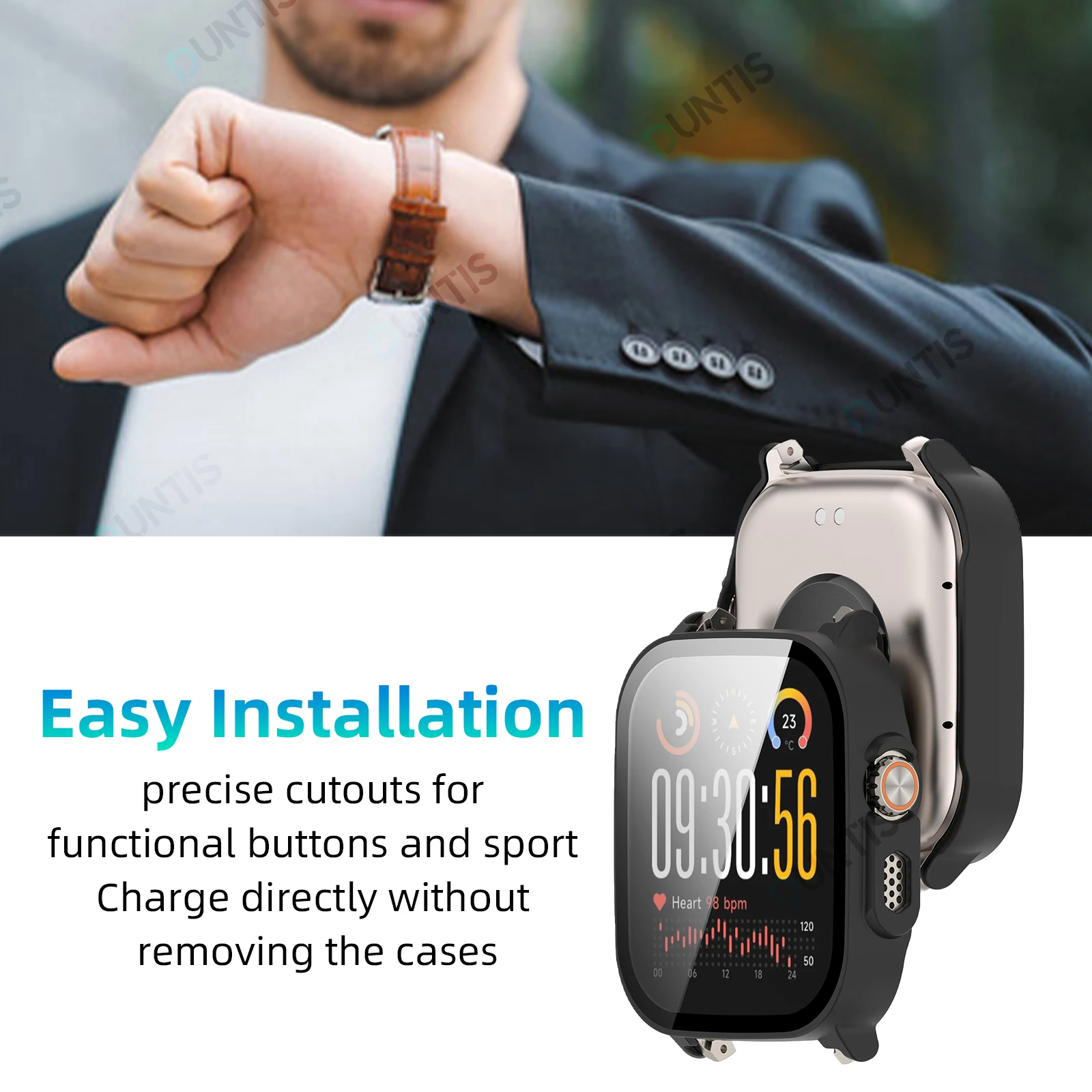 All-Around Protective Glass + PC Bumper Case for Smartwatch, Anti-scratch Screen Protector Cover.